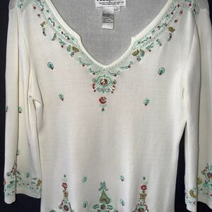 Joseph A Embellished Beaded Sweater L White V-Neck 3/4 Sleeve